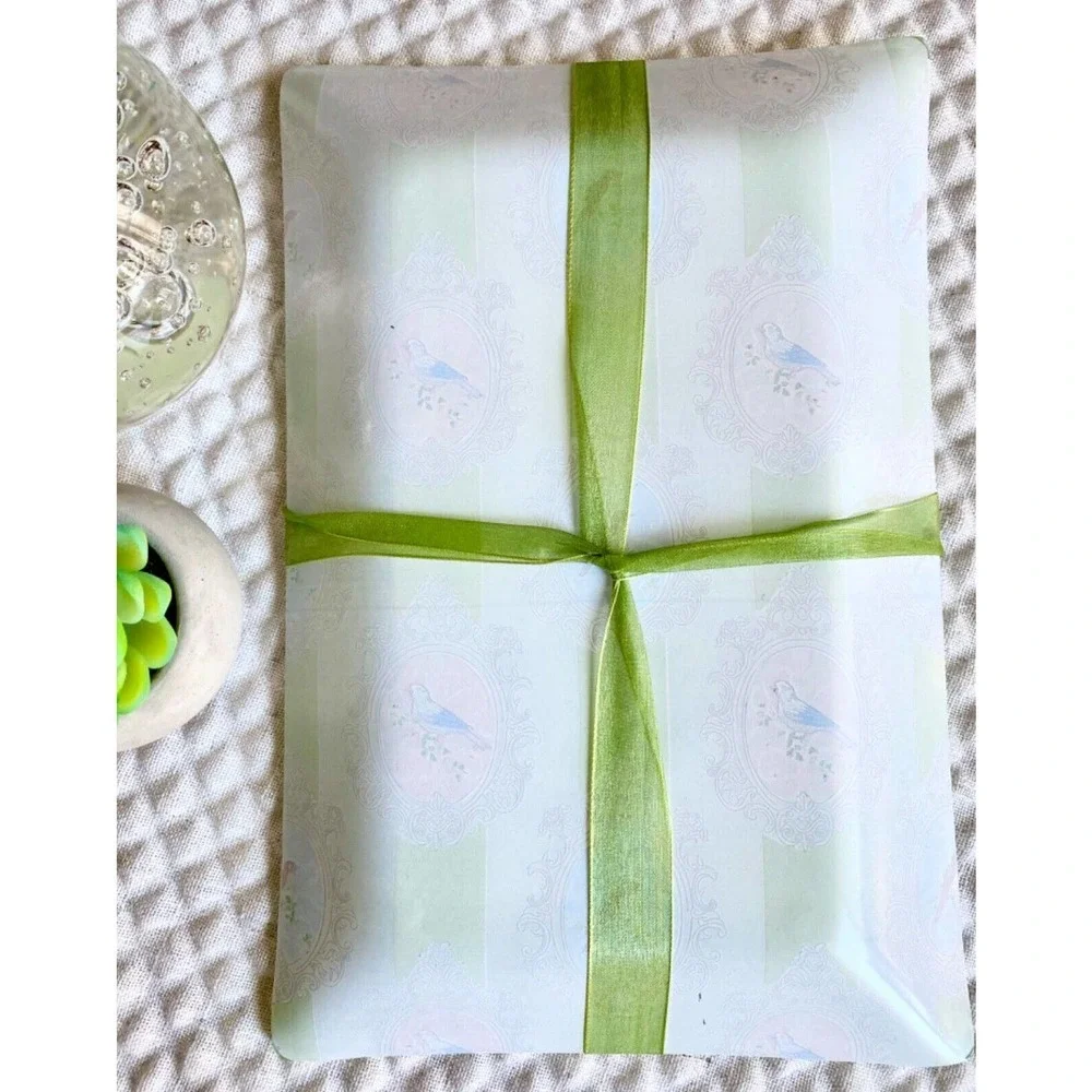 New Bird Print Paper Guest Towels Napkins w/ Bird & Green Stripe Glass Tray